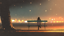 Back View Of Young Woman Sitting On A Bench With Bokeh Light, Digital Art Style, Illustration Painting