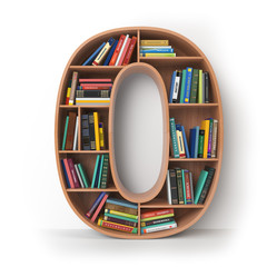 Poster - Number 0 zero. Alphabet in the form of shelves with books isolated on white.