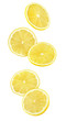 Isolated falling lemon pieces. Slices of lemon in the air isolated on white background with clipping path