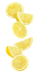Leinwandbilder - Isolated lemon slices in the air. Cut lemon fruit falling isolated on white background with clipping path