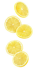 Poster - Isolated falling lemon pieces. Slices of lemon in the air isolated on white background with clipping path