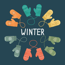 Different Color Mittens With Hand Drawn Lettering Winter On Dark Blue Background. Vector Illustration.