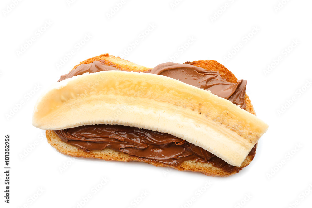 Delicious toast with chocolate paste and banana, isolated on white