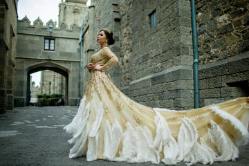 Fashion stylish woman is wearing princess dress with feathers in the magic castle