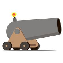 Old Cannon With Wooden Carriage And Metal Barrel. Vector Illustration