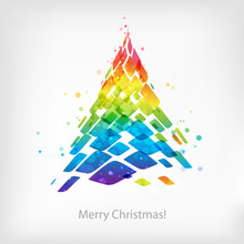 Abstract Multicolor Christmas Tree Isolated On White Background, Christmas Card