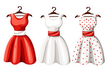 Set Of Retro Pinup Cute Woman Dresses. Short And Long Elegant Black, Red And White Color Polka Dot Design Lady Dress Collection. Vector Art Image Illustration, Isolated On Background