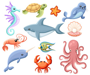Wall Mural - cute vector sea creatures. cartoon smiling sea animals. co ored sea fish and seahorse, whale and oct