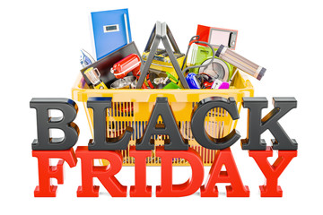 Poster - black friday inscription with shopping basket full of home and kitchen appliances, 3d rendering