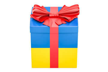 Poster - Gift box with flag of Ukraine, holiday concept. 3D rendering