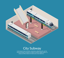 Isometric Subway station platform set with train, underground and inside the railway, metro wagon.