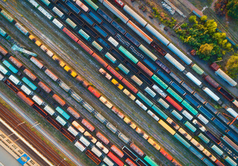 Wall Mural - Top view of colorful cargo trains. Aerial view from flying drone of colorful freight trains on the railway station. Wagons with goods on railroad. Heavy industry. Industrial conceptual scene