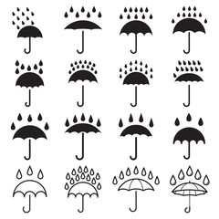 Wall Mural - umbrella and rain drops icons. collection of 16 black pictograms isolated on a white background. vec