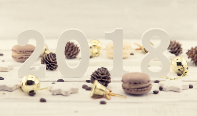 Wall Mural - Composition with number 2018 as a symbol of the coming New Year. Happy New Year concept on a white rustic wooden background. Holiday background. Christmas mock-up or greeting card