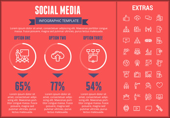 Poster - Social media infographic template, elements and icons. Infograph includes customizable graphs, three options, line icon set with social media, global network, electronic mail, internet technology etc.