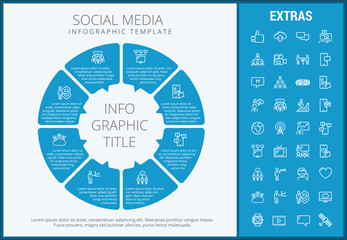 Poster - Social media infographic template, elements and icons. Infograph includes customizable circular diagram, line icon set with social media, global network, electronic mail, internet technology etc.