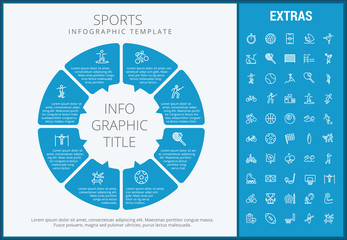 Sticker - Sports infographic template, elements and icons. Infograph includes customizable circular diagram, line icon set with sport equipment, sports field, competitive games, champion pedestal, athlete etc.