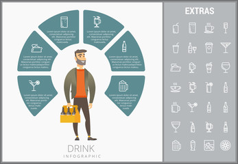 Sticker - Drink infographic template, elements and icons. Infograph includes customizable circular diagram, line icon set with bar drinks, alcohol beverage, variety of glasses, non-alcoholic beverages etc.