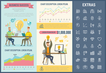 Sticker - Business success infographic template, elements and icons. Infograph includes customizable graphs, charts, line icon set with business worker, successful businessman, corporate leader, market data etc