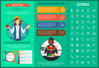 Wall Mural - Healthy food infographic template, elements and icons. Infograph includes customizable graphs, charts, line icon set with food plate, restaurant meal ingredients, eat plan, fish, vegetables, meat etc.