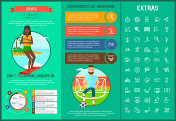 Sticker - Sports infographic template, elements and icons. Infograph includes customizable graphs, charts, line icon set with sport equipment, sports field, competitive games, champion pedestal, athlete etc.