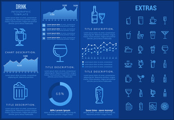 Sticker - Drink infographic template, elements and icons. Infograph includes customizable graphs, charts, line icon set with bar drinks, alcohol beverage, variety of glasses, non-alcoholic beverages etc.