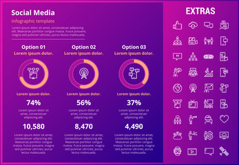 Poster - Social media infographic template, elements and icons. Infograph includes customizable graphs, three options, line icon set with social media, global network, electronic mail, internet technology etc.