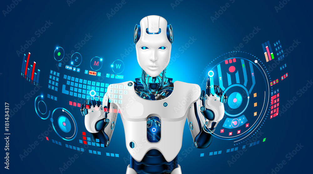 Robot humanoid works with a virtual HUD interface in augmented reality ...