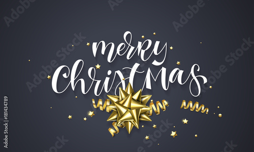Merry Christmas Greeting Card Background Design Template Of Golden Glittering Decoration Ball And Stars Confetti Vector Christmas Winter Holiday Calligraphy Quote On Black Premium Background Buy This Stock Vector And Explore