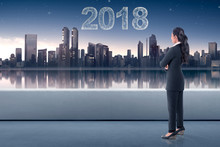 Young Asian Business Woman Looking At The City With Star Make 2018 Shape