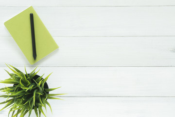 Minimal work space - Creative flat lay photo of workspace desk. White office desk wooden table background with notebooks and pens and plant. Top view with copy space, flat lay photography.