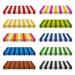 Awnings set isolated on white background. Striped colorful sunshade for shops, cafes and street restaurants. Outside canopy from the sun. Vector illustration