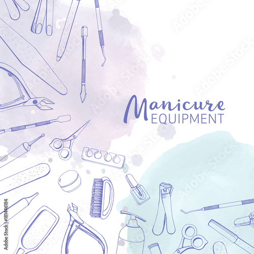 Square Banner With Different Manicure Tools Drawn With Contour Lines And Pastel Colored Watercolor Paint Blots Background With Equipment For Nail Art At Top And Bottom Edges Vector Illustration Buy This