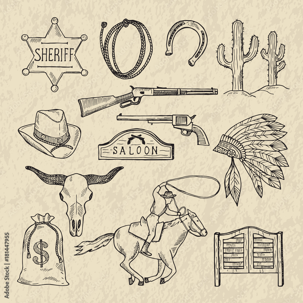Monochrome hand drawn illustrations of different wild west symbols. Western pictures set isolate - obrazy, fototapety, plakaty 