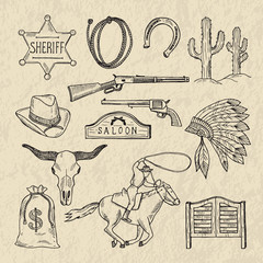 monochrome hand drawn illustrations of different wild west symbols. western pictures set isolate
