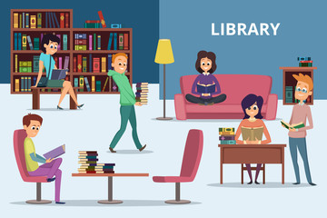 Poster - Students in library. Peoples reading books. Vector characters set