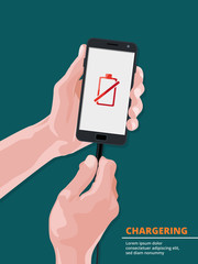 Poster - Man holding smartphone with picture on screen of low battery charge