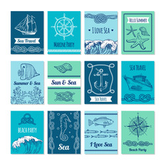 Poster - Design template of cards with marine symbols in vector stale. Nautical illustrations with place for your text