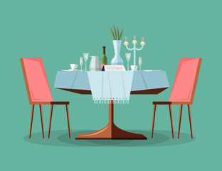 Reserved modern restaurant table with tablecloth, candles in candlestick, plant, wineglasses, reservation tabletop sign standing on it and two chairs. Bright colored cartoon vector illustration