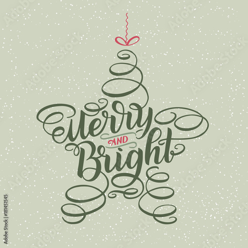 Fényképezés Merry and Bright New Year Lettering in form of star tree toy, Greeting Card design circle text frame isolated on white