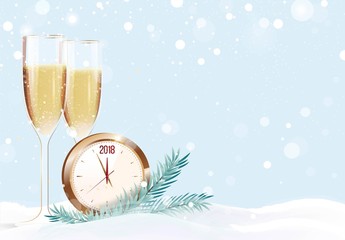 Wall Mural - Two glasses of champagne and clock on snowy background. Happy new year winter background. Vector illustration