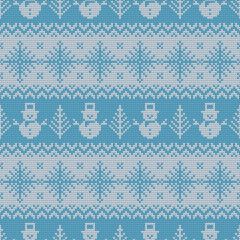 Wall Mural - Knitted seamless pattern with snowmen and snowflakes.