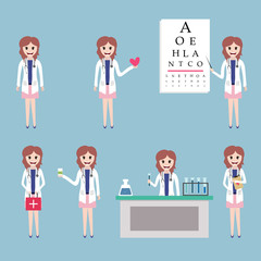 Sticker - Cartoon character of Lady Doctor in different poses with Medical Equipments.