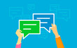 Speech bubbles for comment and reply concept vector illustration of young people texting and leaving comments in social networks. Flat human hands hold speech bubbles symbols on blue background