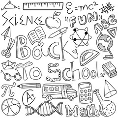 Wall Mural - Back to School doodle, with black and white education sign, symbols and icons.