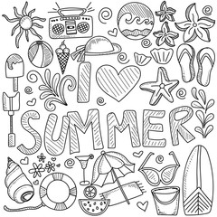 Wall Mural - Summer beach hand drawn vector symbols and objects