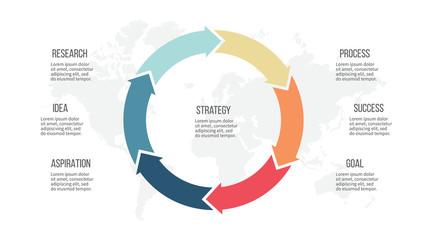 Business infographics. Pie chart with 6 arrows. Vector template.