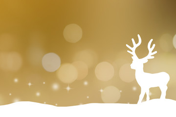 Wall Mural - white silhouette reindeer standing on snow floor isolated on golden background with bokeh and twinkle star light effect for Christmas celebration concept
