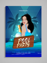 Canvas Print - Pool party flyer or banner design with young female lady illustration.