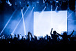 Cheering crowd at concert on the background of stage with a blank white screen